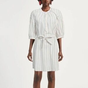 Sessun Chachami White Pin Stripe Cotton Mini Dress Women's Size M/L Lagenlook